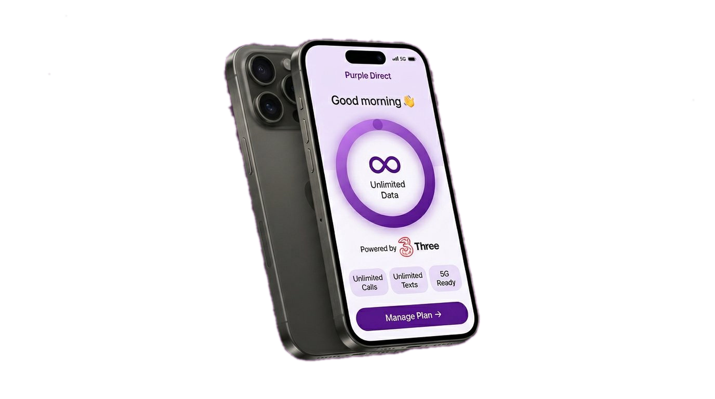 Purple Direct plan details showing 30GB data plan powered by Three network